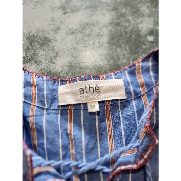 Vanessa Bruno blue striped tie neck Peasant Blouse sz 36 (US 4) - Picture 3 of 5